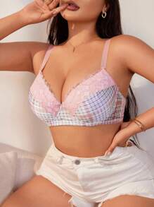 Plaid And Lace Fashion Plus Size Bustier Bra - Red - View 4