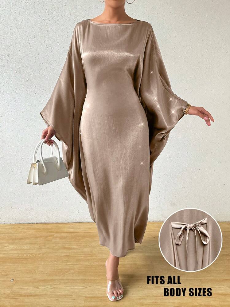 SHEIN Raffinéa Elegante abito lungo e lucido per donna, adatto per feste di compleanno, abiti da invitata a matrimoni, autunno - Champagne - Visualizzare 4