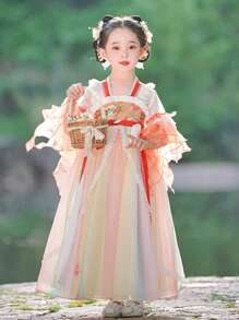 Young Girl Floral Appliques Ruffle Trim Hanfu Dress - Orange - View 1