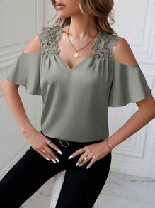 SHEIN Clasi Solid Color Lace Patchwork Open Shoulder Women's Summer Blouse - Olive Green - View 3