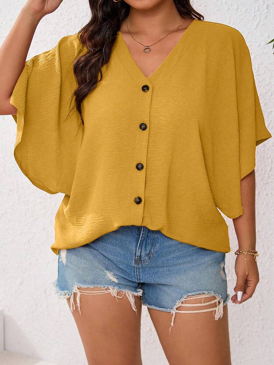 SHEIN LUNE 大碼夏季休閒寬鬆蝙蝠袖襯衫，胸前鈕扣裝飾 - 黃色 - 查看 1