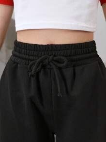 SHEIN Tween Girl Loose Fit Athleisure Black Straight Leg Pants With Drawstring, Perfect For Home And Leisure - Black - View 3