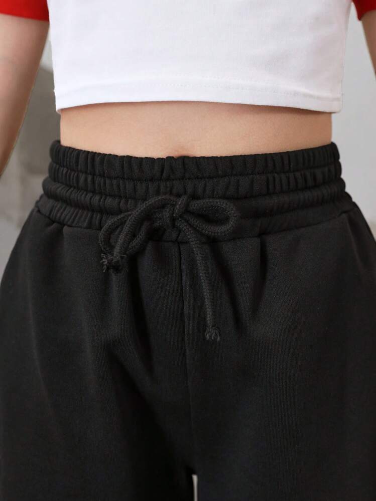 SHEIN Tween Girl Loose Fit Athleisure Black Straight Leg Pants With Drawstring, Perfect For Home And Leisure - Black - View 3