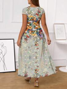 SHEIN Clasi Plus Size Allover In Hình Mùa Hè Cổ Tròn Tay Ngắn Váy Nữ - Màu xanh Bạc hà - Xem 2