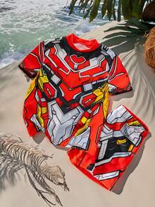 SHEIN Bộ đồ mùa hè cho trẻ em, Bộ đồ bơi tay ngắn cổ tròn họa tiết Mecha vui nhộn & tiện dụng cho bé trai, Kiểu dáng thoải mái và dễ thương, Thích hợp cho du lịch và chụp ảnh - Nhiều màu - Xem 7