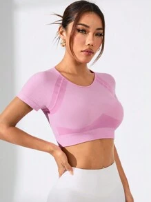 Women's Solid Pink Short Sleeve Crop Sports Top And Leggings Set For Summer Fitted Shirt - Pink - View 3