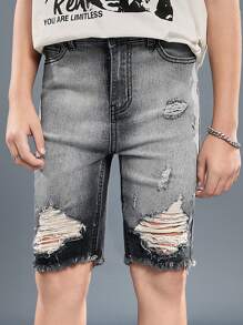 SHEIN Pantalones cortos vaqueros negros informales de verano con efecto desgastado, rasgado y con borde deshilachado para niños preadolescentes