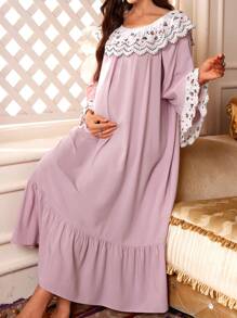 Moonlight&Mama 玫瑰与心形刺绣蕾丝边舒适孕妇睡裙，弹力宽领口，长袖睡衣裙 - 藕粉色 - 查看 3