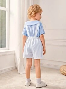 SHEIN Bộ 2 món: Áo sơ mi tay ngắn phong cách quý ông thời đại học màu xanh navy và quần short có quai màu trắng tinh khiết, phối màu cổ điển, quý ông nhưng vẫn thời trang, thoải mái cho bữa tiệc hàng ngày của trường đại học, đầy phong cách Anh, đa năng, thích hợp cho các buổi đi chơi, mua sắm, mặc hàng ngày, đẹp trai và sành điệu, hoàn hảo cho mùa xuân và mùa hè - Màu xanh lam - Xem 2