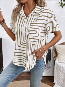 SHEIN LUNE قميص نسائي بأكمام قصيرة بتصميم ملون بزر أحادي للصيف - متعدد الألوان - مشاهدة 4