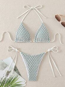 Swim Mod Ditsy Floral Print Halter Triangle Bikini Set Summer - Green - View 1