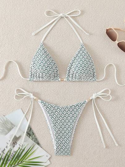 Swim Mod Conjunto de bikini triangular de cuello halter con estampado floral diminuto para el verano