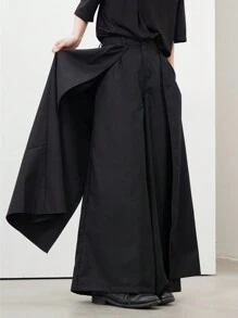 Claim Dot 男士阔腿裤，带前扣和侧袋，外出时尚纯色长款宽松裤，适合丈夫、男朋友的礼物，适合秋季 - 黑色 - 查看 6