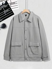 Manfinity Homme Chaqueta tipo cargo con botones de unicolor para hombres de talla grande - Gris Claro - Ver 4
