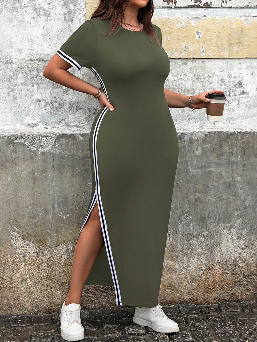 Calvaya Váy bó sát tay ngắn in họa tiết sọc hông cỡ lớn cho mùa hè, trang phục maxi cho nữ - xanh quân đội - Xem 1