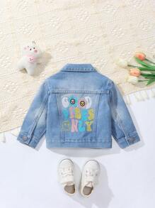 SHEIN Cute And Lively Embroidered Denim Jacket For Baby Girls - Medium Wash - View 1