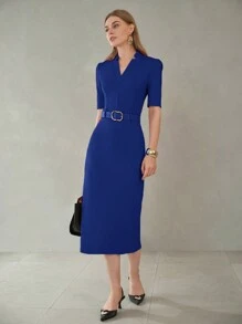 MOTF PREMIUM V NECK STRUCTURED BELTED FITTED DRESS - Royal Blue - View 8