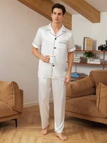男士撞色短袖上衣和裤子缎面睡衣套装/睡衣套装白色套装