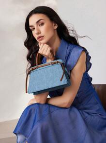 MOTF PREMIUM CONTRAST BUCKLE DETAIL DENIM-EFFECT PRINT TOP HANDLE BAG - Blue - View 7