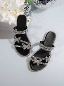 Multicolor Rhinestone Bow Decor Dual-Wear Women's Sandals & Slippers, French Fashion Silver Color Suitable For Dates, Shopping, Gatherings, Parties, Commute, Summer/Autumn