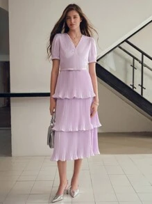 MOTF PREMIUM 褶皺層疊飄逸洋裝 - 淡紫色 - 查看 5