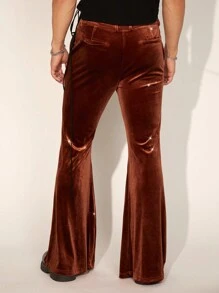 FeverCity Men's Korean Velvet Slim Fit Flared Long Dress Pants - Brown - View 4