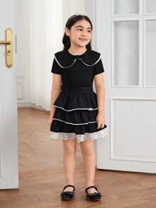 Young Girl Knitted Solid Color Bowknot Top And Woven Mesh Skirt Two Pieces Set - Black - View 6