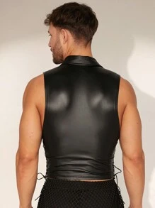 FeverCity Men's Short Tight Sexy Plain Sleeveless Polo Neck Tank Top, Suitable For Summer, Rave, Party - Black - View 3