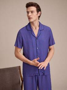 EverLounge Men's Homewear Set, Short Sleeve Button-Up Collared Shirt And Printed Pants With Pockets, Comfortable Pajama - Multicolor - View 5