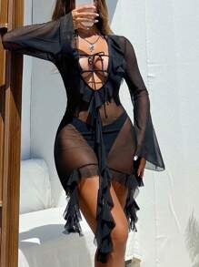 Swim SXY Vestido largo de manga larga con transparencia de unicolor y sexy para damas en verano - Negro - Ver 1