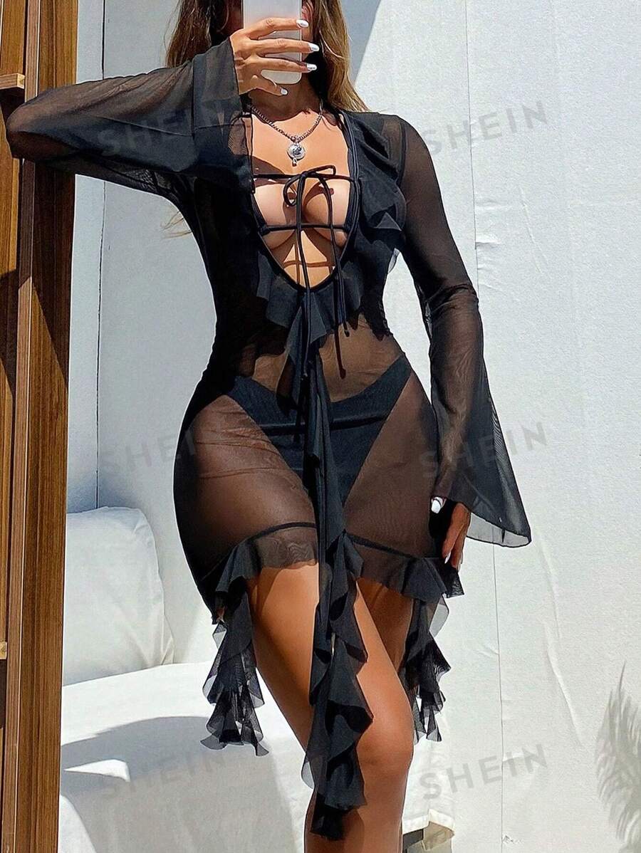 Swim SXY Vestido largo de manga larga con transparencia de unicolor y sexy para damas en verano - Negro - Ver 1