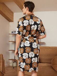 Conjunto de ropa de dormir para hombre con camisa de manga corta informal estampada con flores y pantalones cortos de verano - Negro - Ver 2
