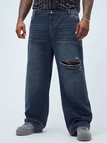 Manfinity Homme Men's Plus Size Loose Fit Wide Leg Casual Baggy Jeans With Rips And Pockets - Dark Wash - View 4