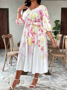 SHEIN Clasi 加大碼花卉印花燈籠袖腰帶連身裙 - 白色 - 查看 4