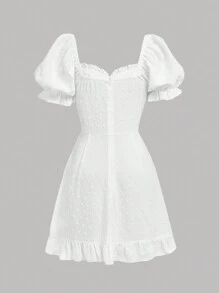 SHEIN Vestido corto de verano blanco con mangas abullonadas y lindos detalles de encaje para adolescente - Blanco - Ver 4