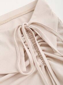 Sweetra Chân váy chữ A phối ren, eo xếp ly, màu trơn, kiểu Y2K - Màu be - Xem 4