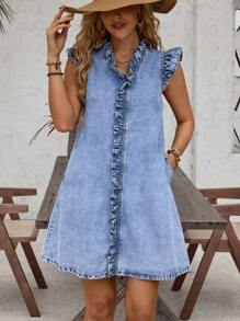 EMERY ROSE Solid Color Denim Dress With Frill Trimmed Cap Sleeve - Blue - View 4