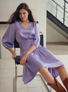 MOTF PREMIUM Kleid mit gerafftem Taille- und Laternenärmel