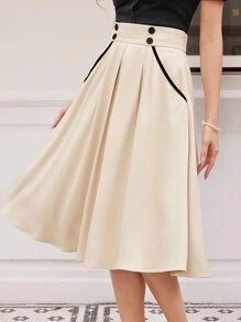 Vintamour 复古优雅女式 A 字裙，编织褶皱搭配撞色边缘，双排扣带口袋，适合度假和工作通勤返校服秋季女装老款商务女装休闲服教师服秋季服装工作女装 - 杏色 - 查看 5