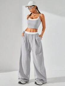 Coolane Conjunto de ropa de calle de primavera/verano para mujer con estilo, parte superior de tirantes finos con diseño de bloques de color + pantalones de color contrastante