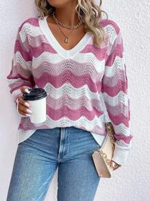 SHEIN LUNE Áo len dài tay phối màu đơn giản dành cho nữ cỡ lớn, thích hợp mặc hàng ngày, áo len chui đầu mùa đông và mùa thu. - Nhiều màu - Xem 4