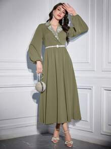 Modelyn Đầm suông tay đèn lồng đính đinh tán thanh lịch cho nữ - Màu xanh Ô liu - Xem 1
