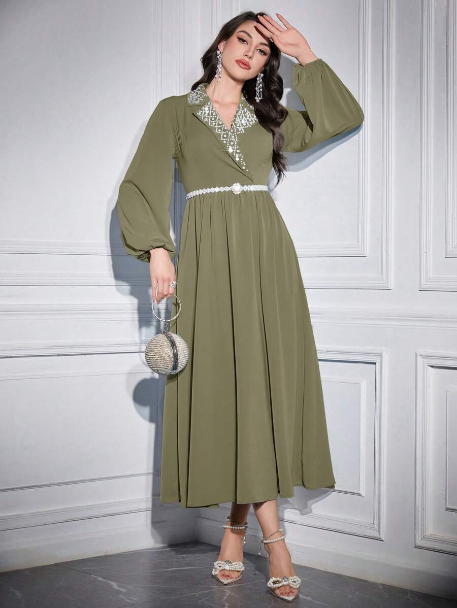Modelyn Đầm suông tay đèn lồng đính đinh tán thanh lịch cho nữ - Màu xanh Ô liu - Xem 1