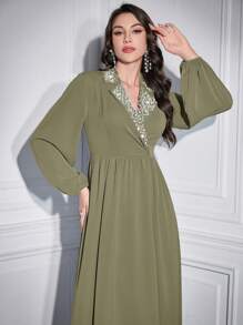 Modelyn Đầm suông tay đèn lồng đính đinh tán thanh lịch cho nữ - Màu xanh Ô liu - Xem 8