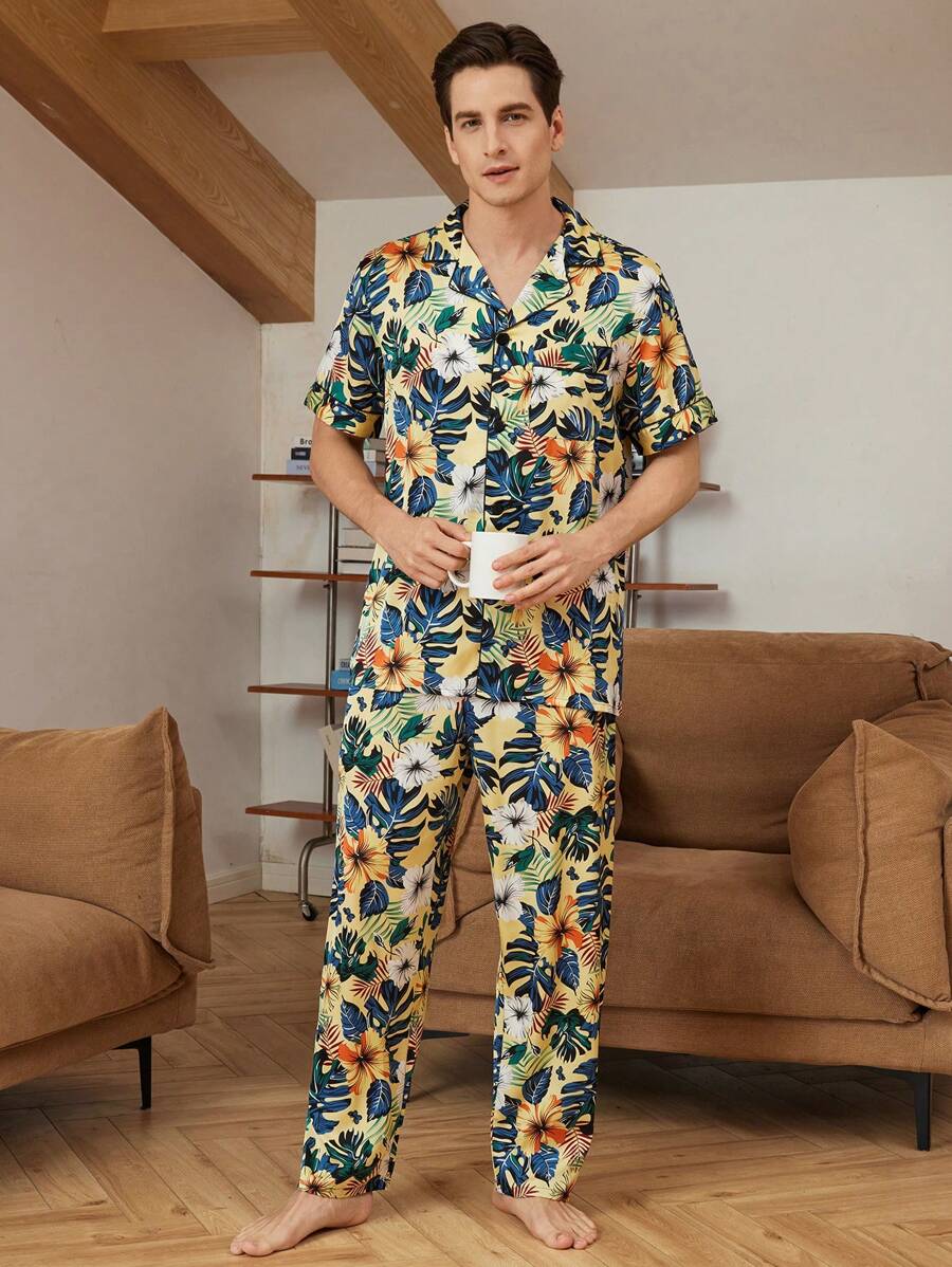 Manfinity ChillVibe 男士熱帶印花短袖短褲家居睡衣套裝 - 芥末黃 - 查看 1