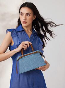 MOTF PREMIUM CONTRAST BUCKLE DETAIL DENIM-EFFECT PRINT TOP HANDLE BAG - Blue - View 6