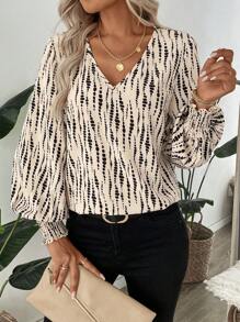 SHEIN LUNE Koszula robocza z marszczeniami w poprzek paska, z rękawami w kształcie latarni, w paski, w kropki, na co dzień, dla kobiet, z długim rękawem, z falbanką, z dekoltem w serek, regularny krój, regularny, wielokolorowy, z rozszerzanymi rękawami, bluzki damskie, wiosna/jesień, codzienne, codzienne ubrania