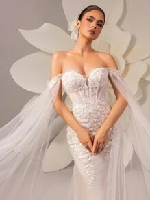HEARBOBO 优雅蕾丝露肩超长袖薄纱鱼尾婚纱 - 白色 - 查看 8