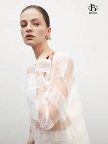 BizChic Áo len sọc xuyên thấu thông thường dành cho nữ - Màu be - Xem 9