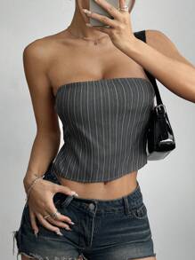 SHEIN Unity Women Striped Print Backless Tube Top Strapless Top - Grey - View 3